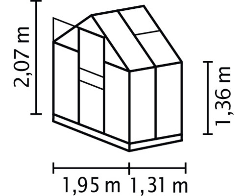Abmessungen eines Gewächshauses: 2,07 Meter hoch, 1,95 Meter und 1,31 Meter breit, Seitenwandhöhe 1,36 Meter