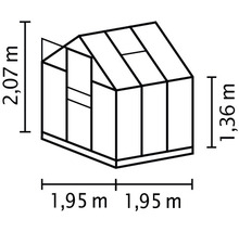 Technische Zeichnung eines Gewächshauses mit den Maßen 1,95 Meter mal 1,95 Meter Grundfläche, 1,36 Meter Seitenhöhe und 2,07 Meter Gesamthöhe.