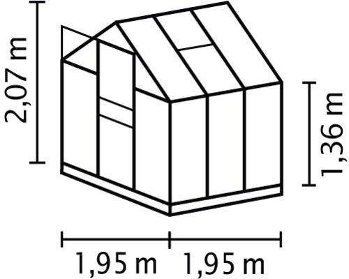 Technische Zeichnung eines Gewächshauses mit den Maßen 1,95 Meter mal 1,95 Meter Grundfläche, 1,36 Meter Seitenhöhe und 2,07 Meter Gesamthöhe.