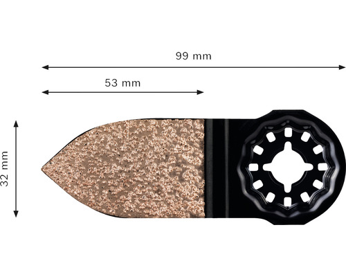 Lame de scie oscillante avec des dimensions de 99 mm de longueur, 53 mm de largeur et 32 mm de hauteur.