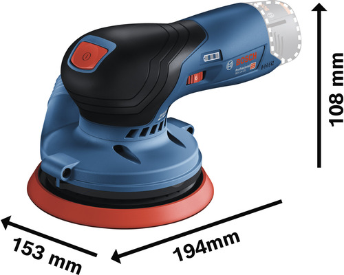 Ponceuse excentrique Bosch avec des dimensions de 153 mm sur 194 mm sur 108 mm.