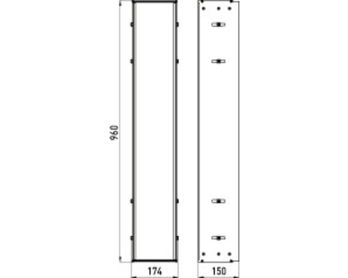Technische Zeichnung eines Schranks mit Maßangaben: Höhe 960, Breite 174 und Tiefe 150.