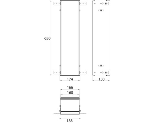 Technische Zeichnung eines Verteilerkastens mit Maßangaben.