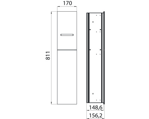 Technische Zeichnung eines Badezimmer-Hochschranks mit Maßangaben.