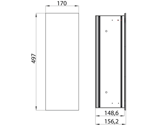 Technische Zeichnung eines Badezimmerschranks mit Maßangaben