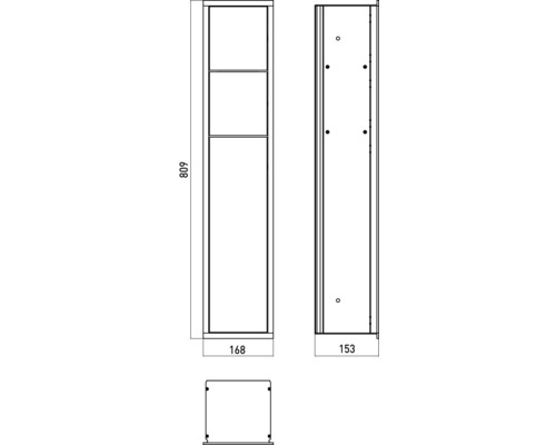 Technische Zeichnung eines Badezimmer-Hängeschranks mit Maßen