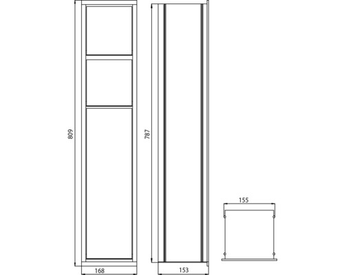 Technische Zeichnung eines Badezimmer Hochschranks mit Maßangaben