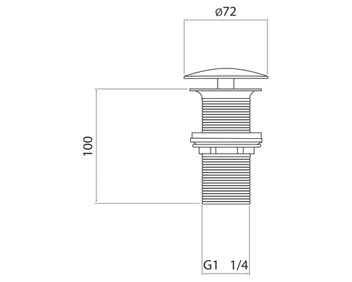 Technische Zeichnung eines Ablaufventils mit den Maßen 72 mm Durchmesser und 100 mm Höhe sowie der Angabe G1 1/4