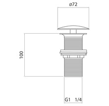 Technische Zeichnung eines Waschbeckenstöpsels mit den Maßen 72 mm Durchmesser und 100 mm Höhe sowie G1 1/4 Zoll Gewinde