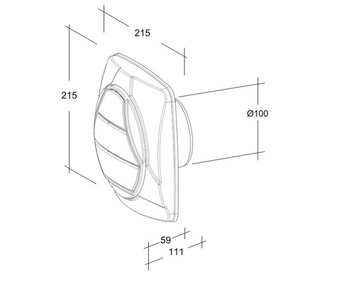 Technische Zeichnung eines Wandventilators mit Maßangaben