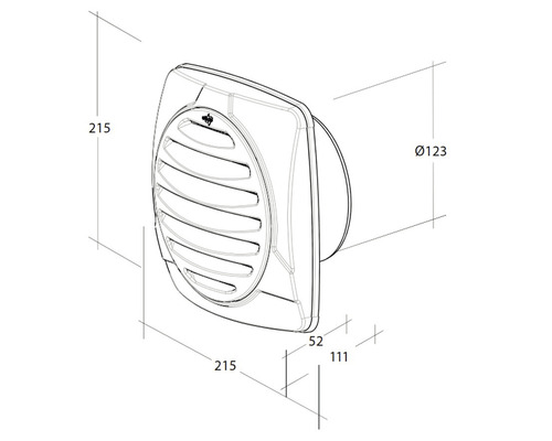 Technische Zeichnung eines Wandventilators mit Maßangaben