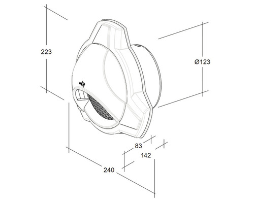 Technische Zeichnung eines Wandventilators mit Maßangaben.