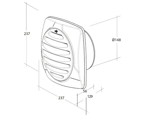 Technische Zeichnung eines Wandlüfters mit Maßangaben