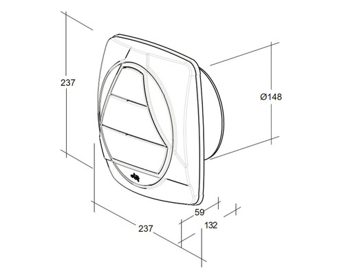 Technische Zeichnung eines Wandventilators mit Maßangaben