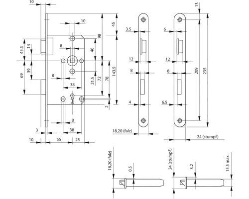 Dessin technique d''une serrure de porte avec dimensions.