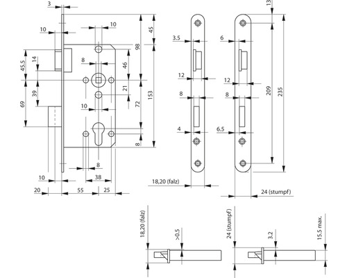 Dessin technique d''une serrure à mortaise avec indications de dimensions