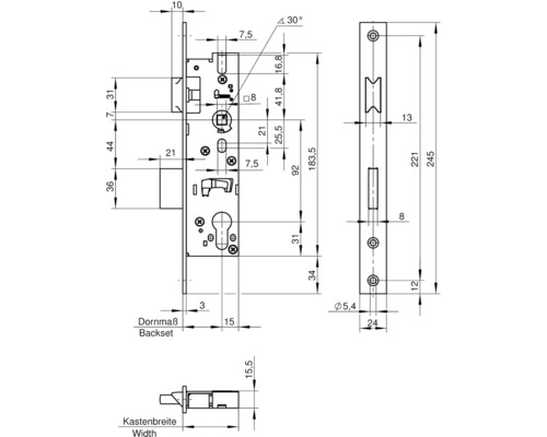 Technische Zeichnung eines Einsteckschlosses mit Maßen.