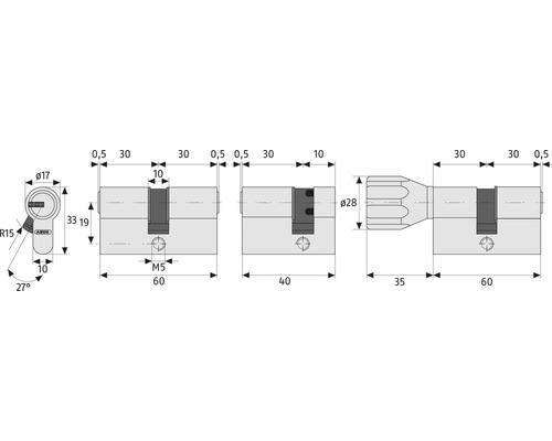 Schéma technique d''un cylindre de porte ABUS avec indications de dimensions