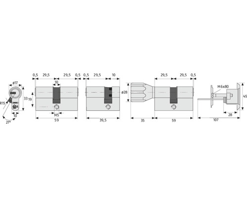 Technische Zeichnung eines Profilzylinders mit Maßangaben