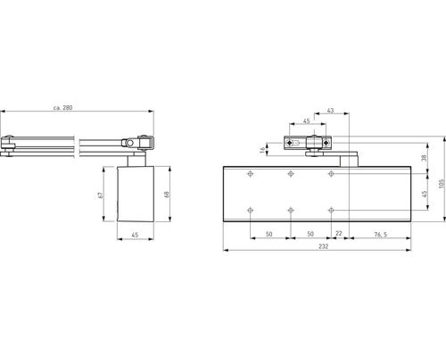Technische Zeichnung eines Türschließers mit Maßangaben