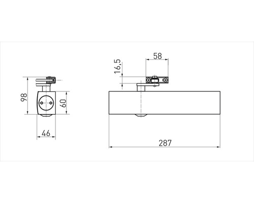 Schéma technique d''un ferme-porte avec indications de dimensions.