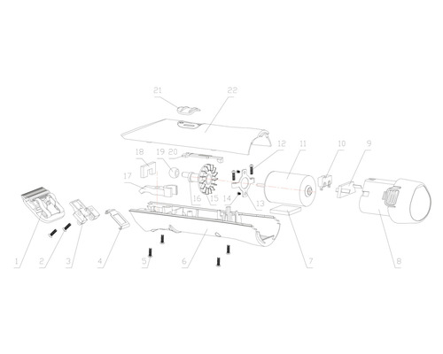 Vue éclatée d''un appareil électronique avec différents composants tels que moteur, interrupteur et boîtier.