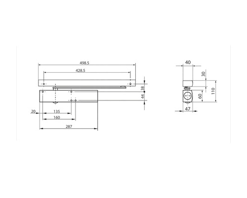 Schéma technique d''un ferme-porte avec indications de dimensions.