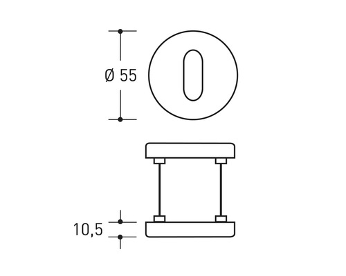 Technische Zeichnung eines Türschlosses mit den Maßen 55 mm Durchmesser und 10,5 mm Höhe