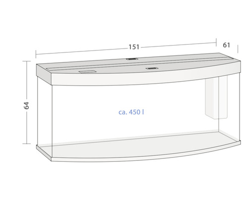 Illustration d''un aquarium d''environ 450 litres avec des indications de mesure