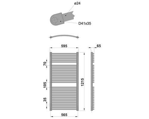 Dessin technique d''un radiateur de salle de bain avec indications de dimensions