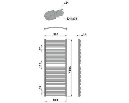 Technische Zeichnung eines Heizkörpers mit Maßangaben