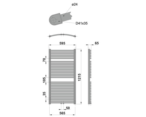 Technische Zeichnung eines Heizkörpers mit Maßangaben
