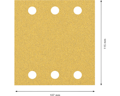 Schleifpapier mit sechs Löchern, Abmessungen 115 mm mal 107 mm