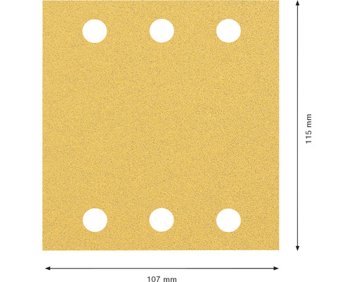 Schleifpapier mit sechs Löchern und den Maßen 115 mm mal 107 mm.