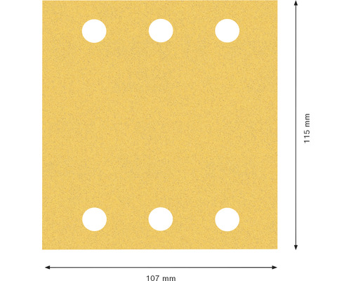Schleifpapier mit sechs Löchern und den Maßen 115 mal 107 Millimeter.