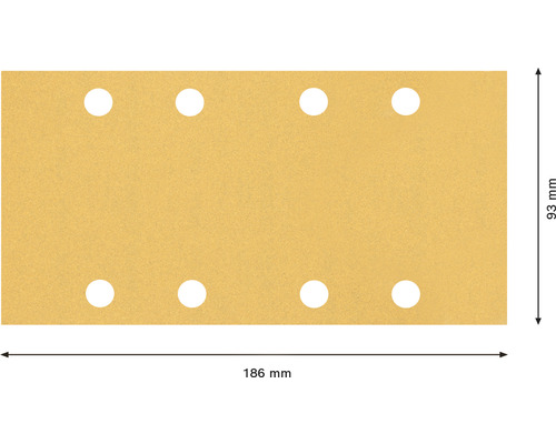 Papier abrasif avec huit trous et dimensions 186 mm par 93 mm.