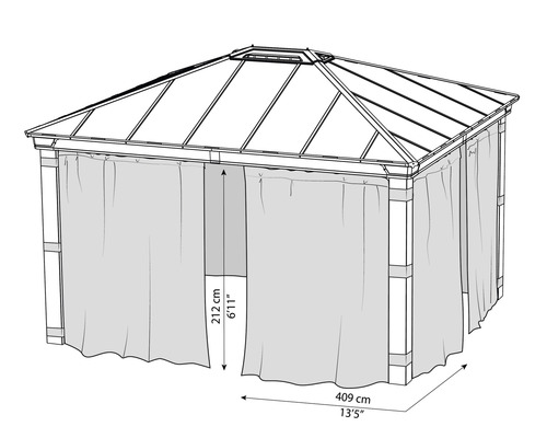 Zeichnung eines Pavillons mit Vorhängen und den Maßangaben 212 cm Höhe und 409 cm Breite