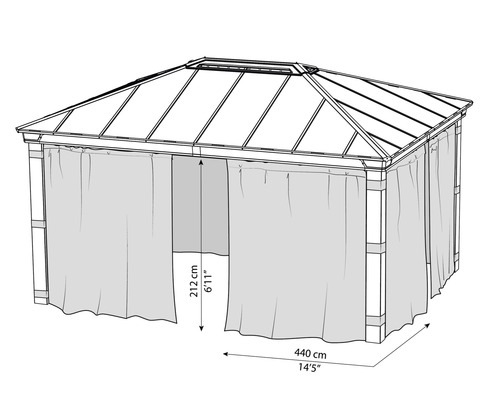 Illustration eines Pavillons mit Vorhängen und den Maßen 212 Zentimeter Höhe und 440 Zentimeter Länge