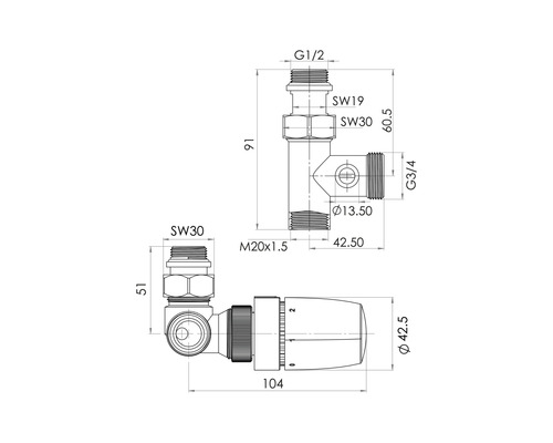 Dessin technique d''un robinet de radiateur avec indications de mesure
