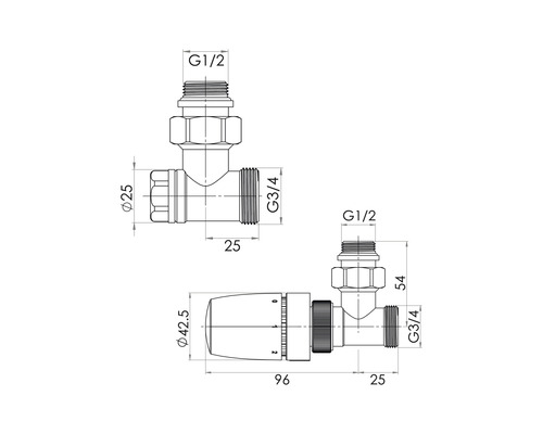 Schéma technique d''un robinet de radiateur avec dimensions