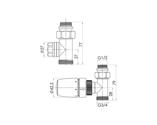 Dessin technique d''une vanne de radiateur avec indications de dimensions