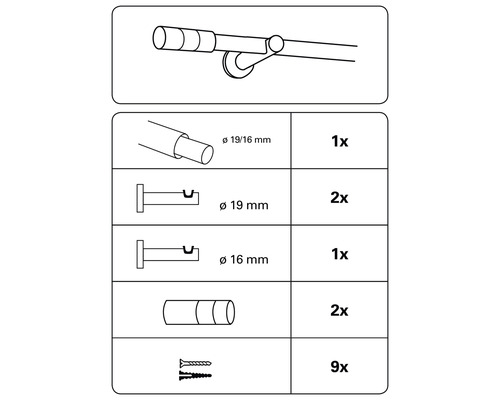 Illustration des composants d''une tringle à rideaux avec accessoires et vis