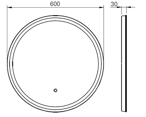 Technische Zeichnung eines runden Spiegels mit den Maßen 600 mal 30 Millimeter
