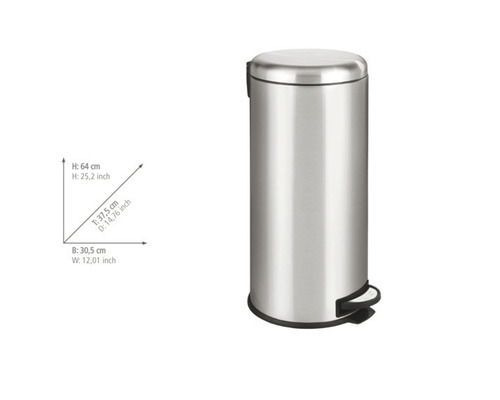 Poubelle à pédale en acier avec des dimensions de hauteur 64 cm, largeur 30,5 cm et profondeur 37,5 cm