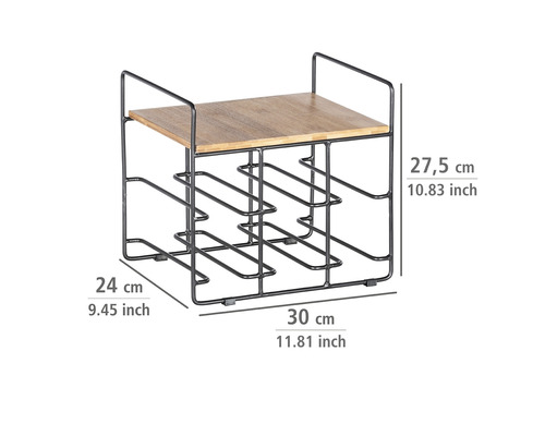 Weinregal aus Metall mit Holzablage und den Maßen 27,5 x 30 x 24 cm
