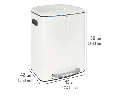 Poubelle à pédale blanche mesurant 42 cm x 45 cm x 60 cm.