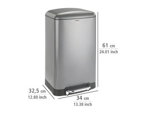 Abfalleimer aus Edelstahl mit den Maßen 61 cm Höhe, 32,5 cm Breite und 34 cm Tiefe.