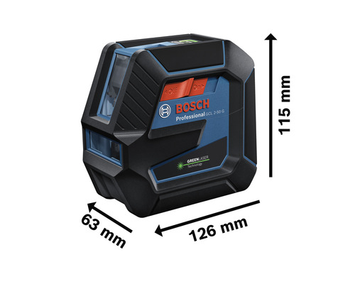 Bosch Logo. Abmessungen des Linienlasers: 115 mm Höhe, 63 mm Breite und 126 mm Länge.
