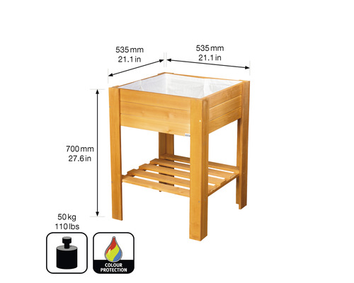 Jardinière sur pieds en bois avec des dimensions de 535 mm de largeur, 700 mm de hauteur et une capacité de charge de 50 kg.