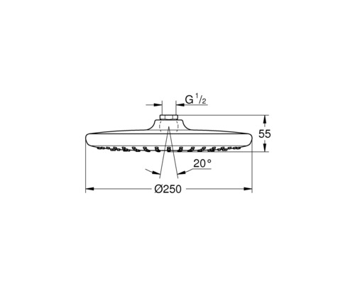 Schéma technique d''une pomme de douche avec indications de mesure